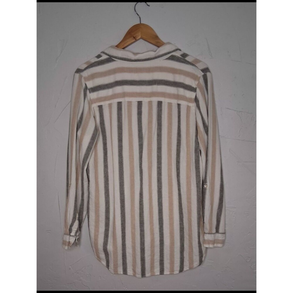 Tahari Linen Blend Striped Button Front Tunic Blouse Women's Sz L Beige Gray Tan - Picture 9 of 9